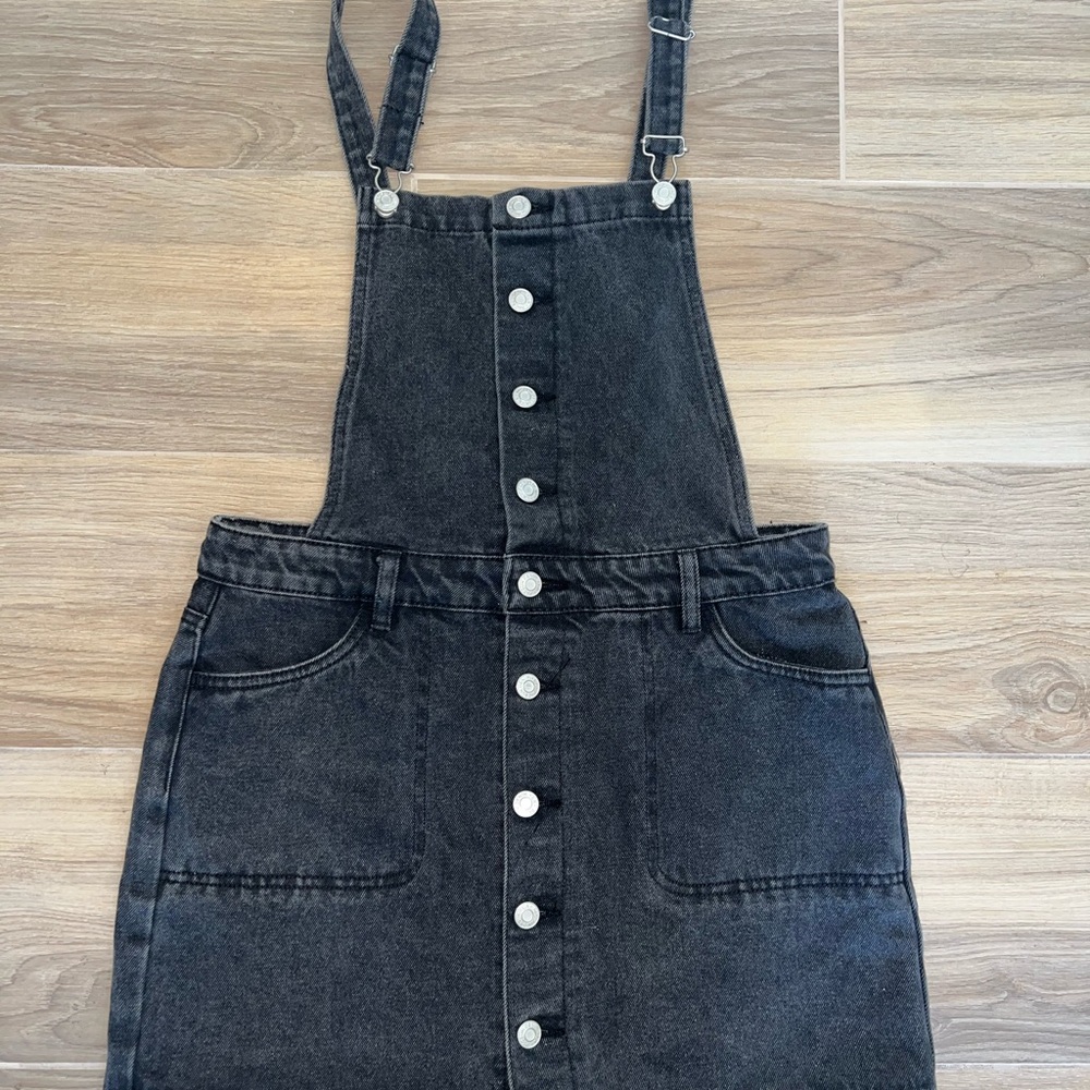 Black Denim Button-Front Overall Dress